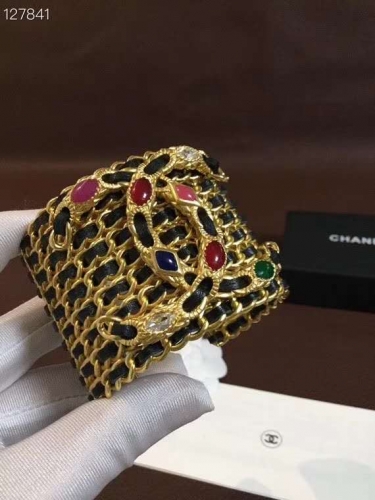 Chanel Open Black Lambskine Leather Cuff Colorful Strass