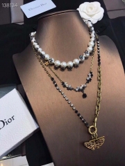 Dior Long Necklace Multiple Strands Teddy-D necklace in champagne finish aged metal white resin beads and multicolored crystal