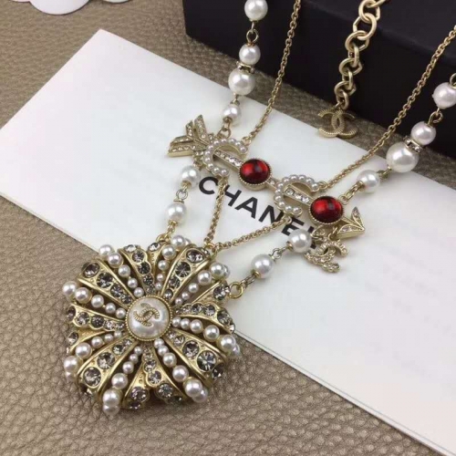 Chanel 2 Strands Pearl Chain Arrow Charm Pendant Necklace Yello Gold