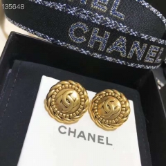 Chanel carved CC antique aged gold textured round button Clip on Earring