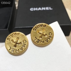 Chanel carved letter antique aged gold textured round button Clip on Earring