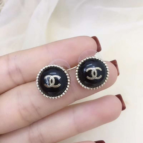 Metal & Resin Gold & Black Chanel Small Cute Round Pierced  Earring