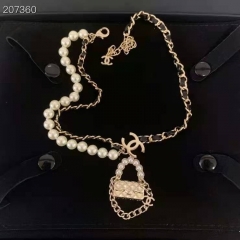 2021 Chanel Metal & Lambskin Gold & Black Pearl Beads Short Chain Necklace Bag and CC Pendant