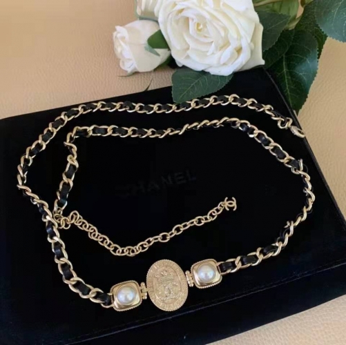 2021 Chanel Metal Leather Imitation Pearls Gold Black Pearly White Strass Chain Waist Belt Necklace