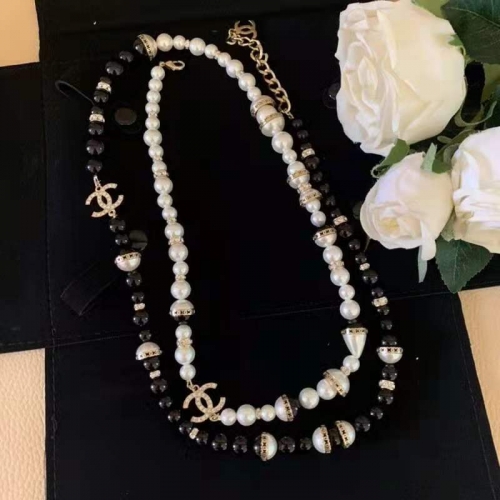 2021 Chanel Long Black White Pearl Necklace Strass Crystal Jointed Beads