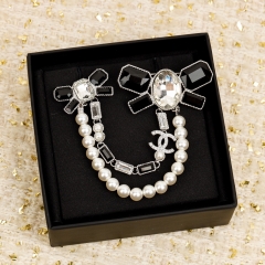 Chanel Replica Costume Jewelry 23K Bowknot Pearl Black White Crystal Brooch Top Best Quality