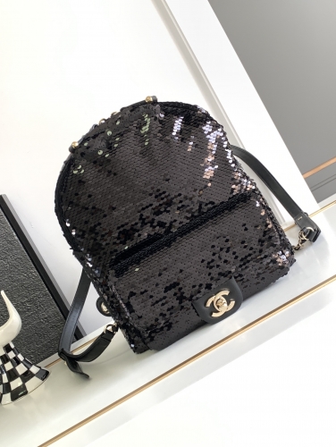 Chanel 23 24 Bling Bling Black White Sequined Lambskin Backpack 1:1 AAA vs Genuine Factory Outlet Wholesale