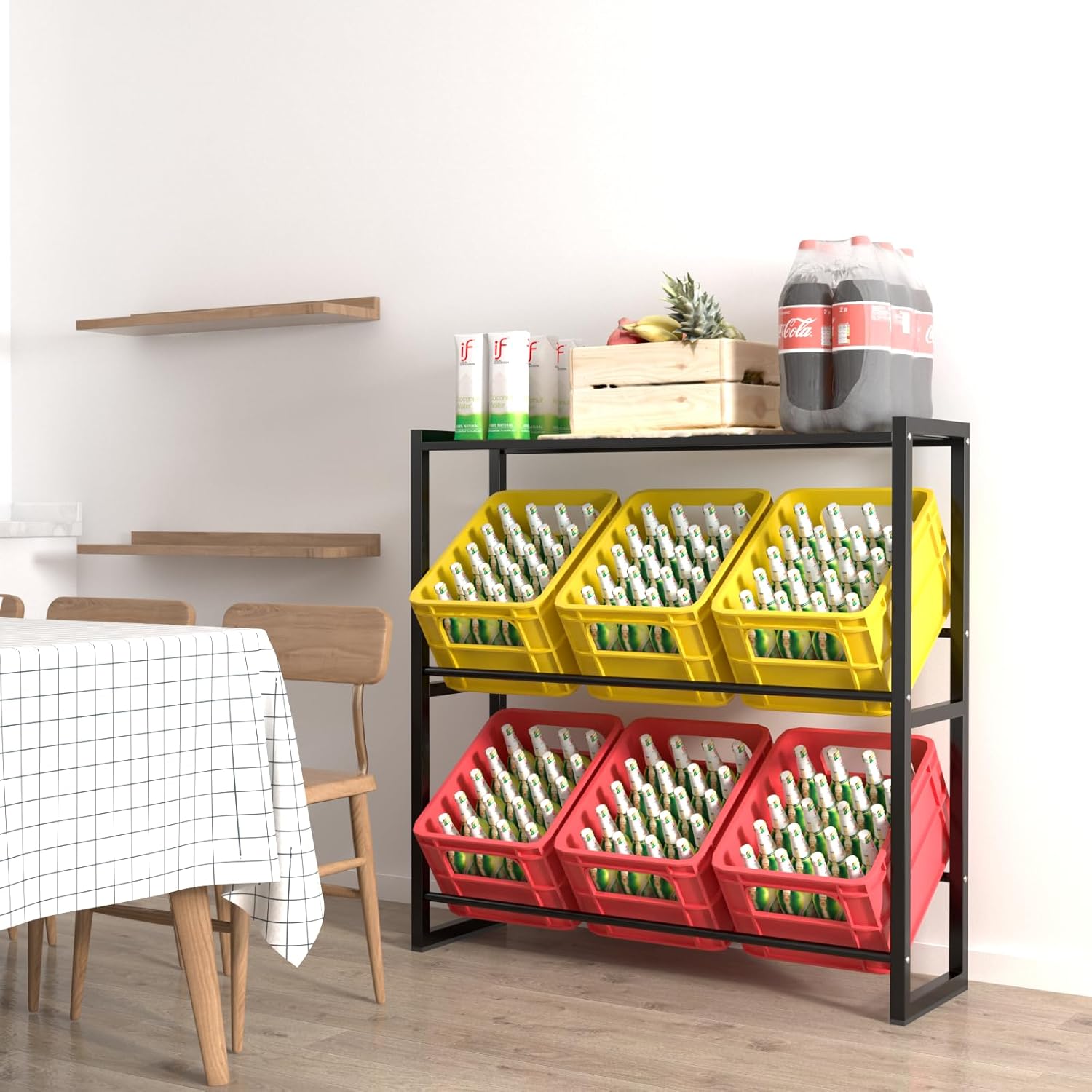 Double layer Drinks Crate Rack with Shelf, Drinks Crate Rack, Adjustable Feet