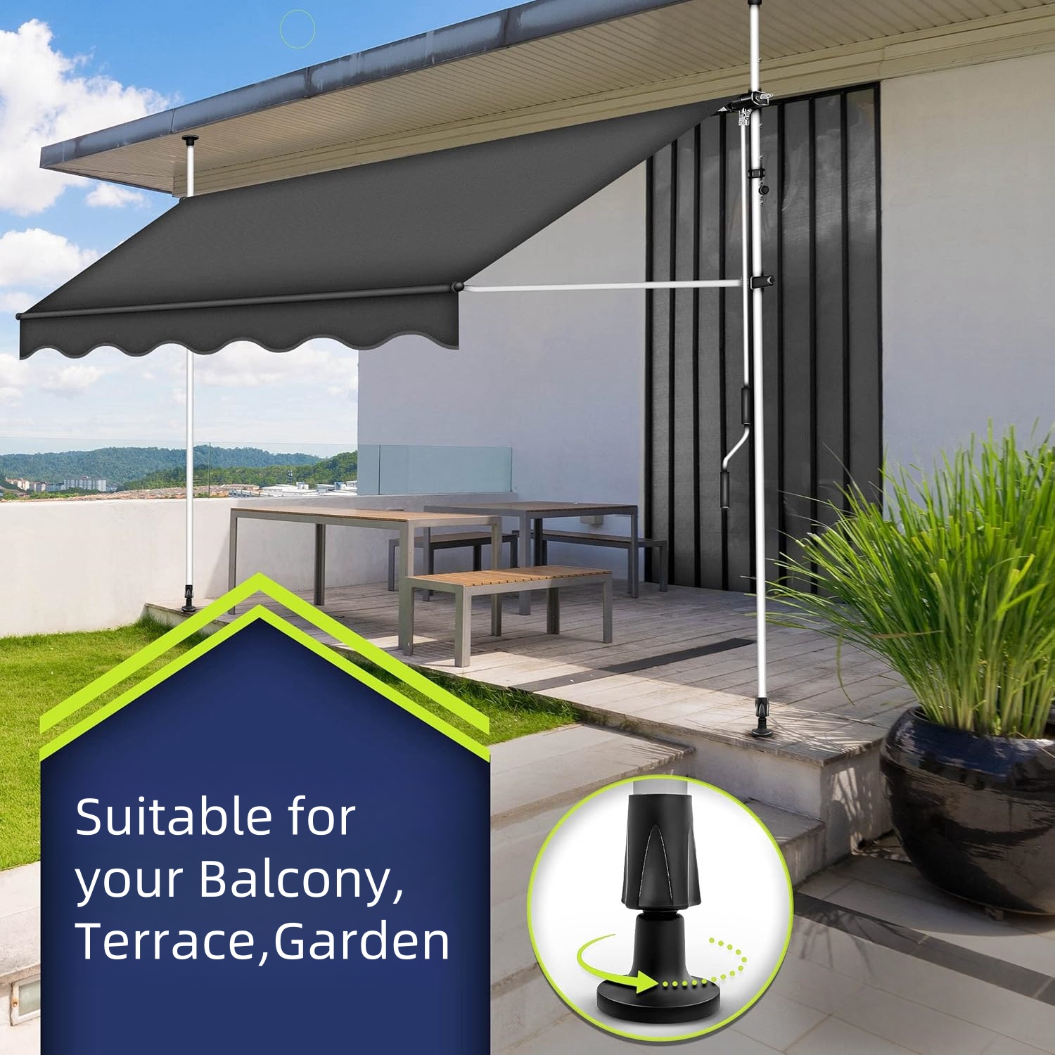 Balcony Awning Clamp Awning with Hand Crank UV-Resistant Water-Repellent Sun Protection
