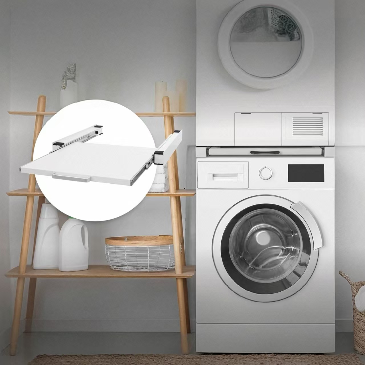 Intermediate Frame White Washing Machine Stacking Kitwith Pull-Out Plate for Washing Machine and Dryer