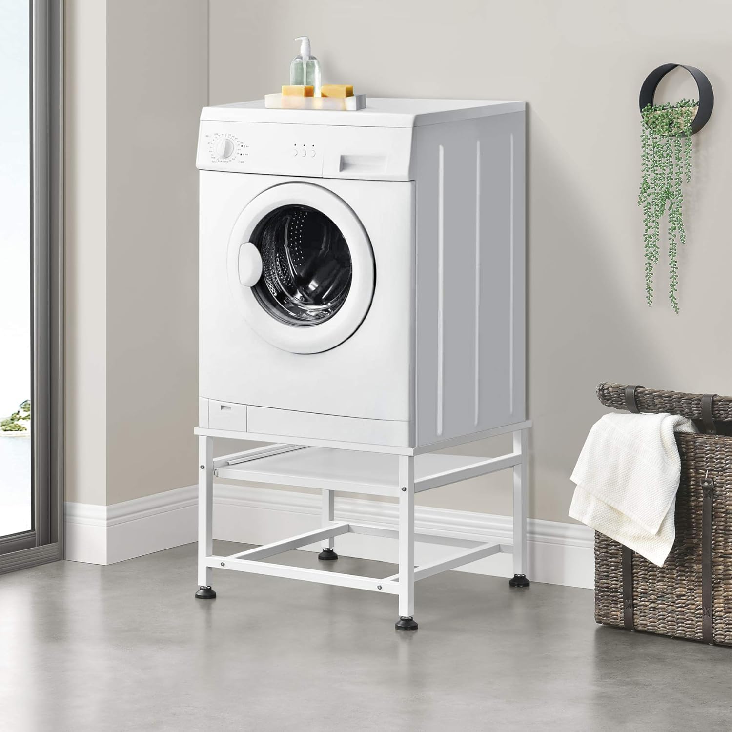 Heavy Duty Washer Dryer Base with Pull-Out Shelf - Sturdy Laundry Appliance Stand & Storage Rack