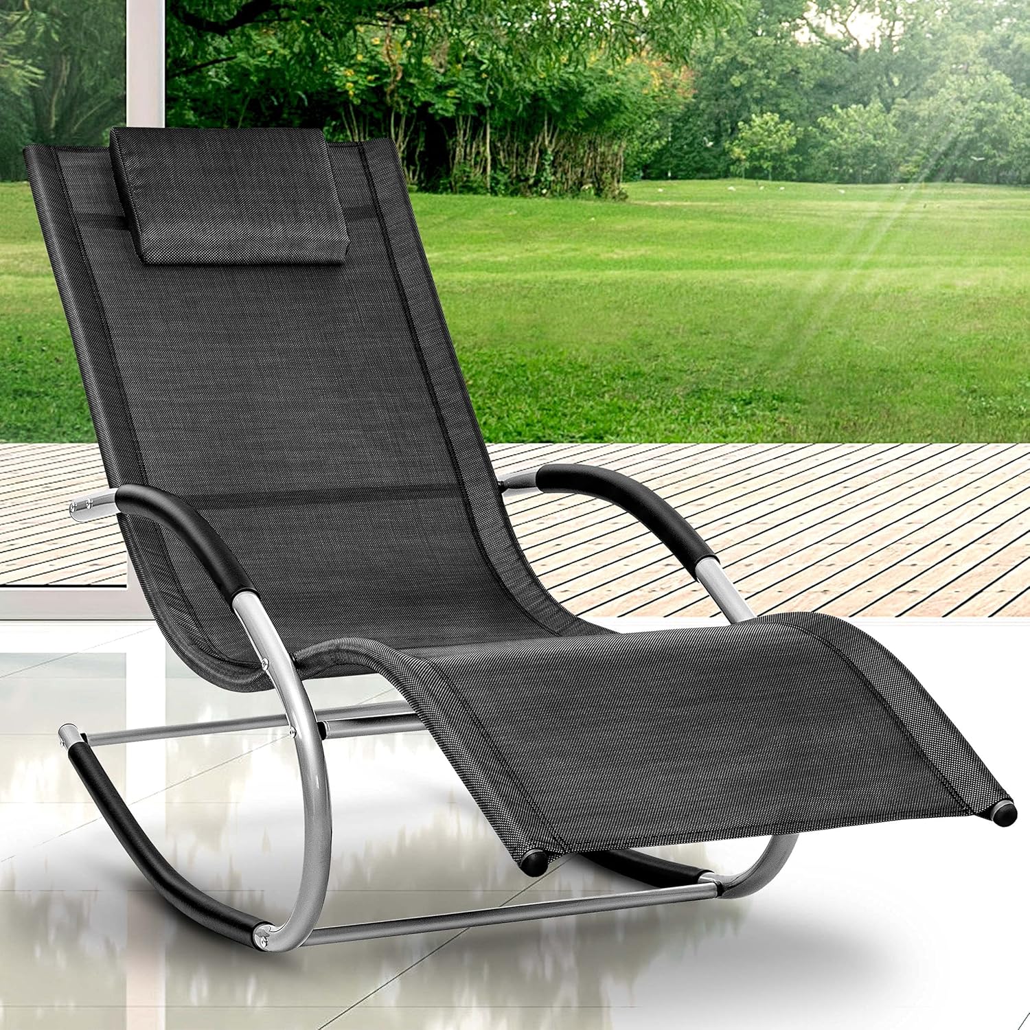 Garden Lounger Rocking Chair Weatherproof with Pillow Sun Lounger Relax Lounger Swing Lounger