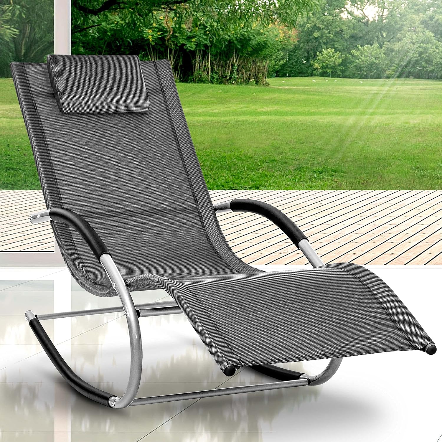 Reclining Chair Swing Lounger Garden Lounger Rocking Chair Weatherproof with Pillow Sun Lounger Relax Lounger