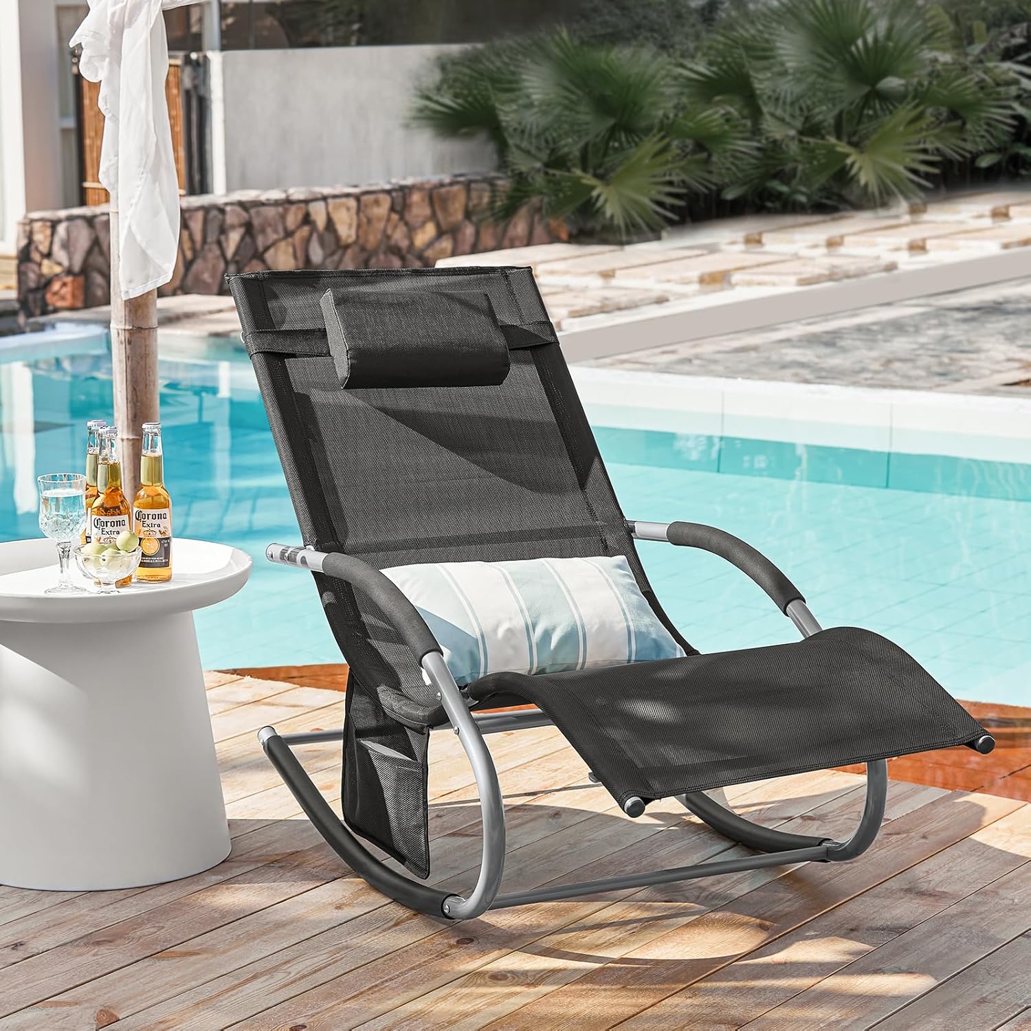 Black Reclining Chair with Bag Swing Lounger Garden Lounger Rocking Chair Weatherproof with Pillow Sun Lounger Relax Lounger
