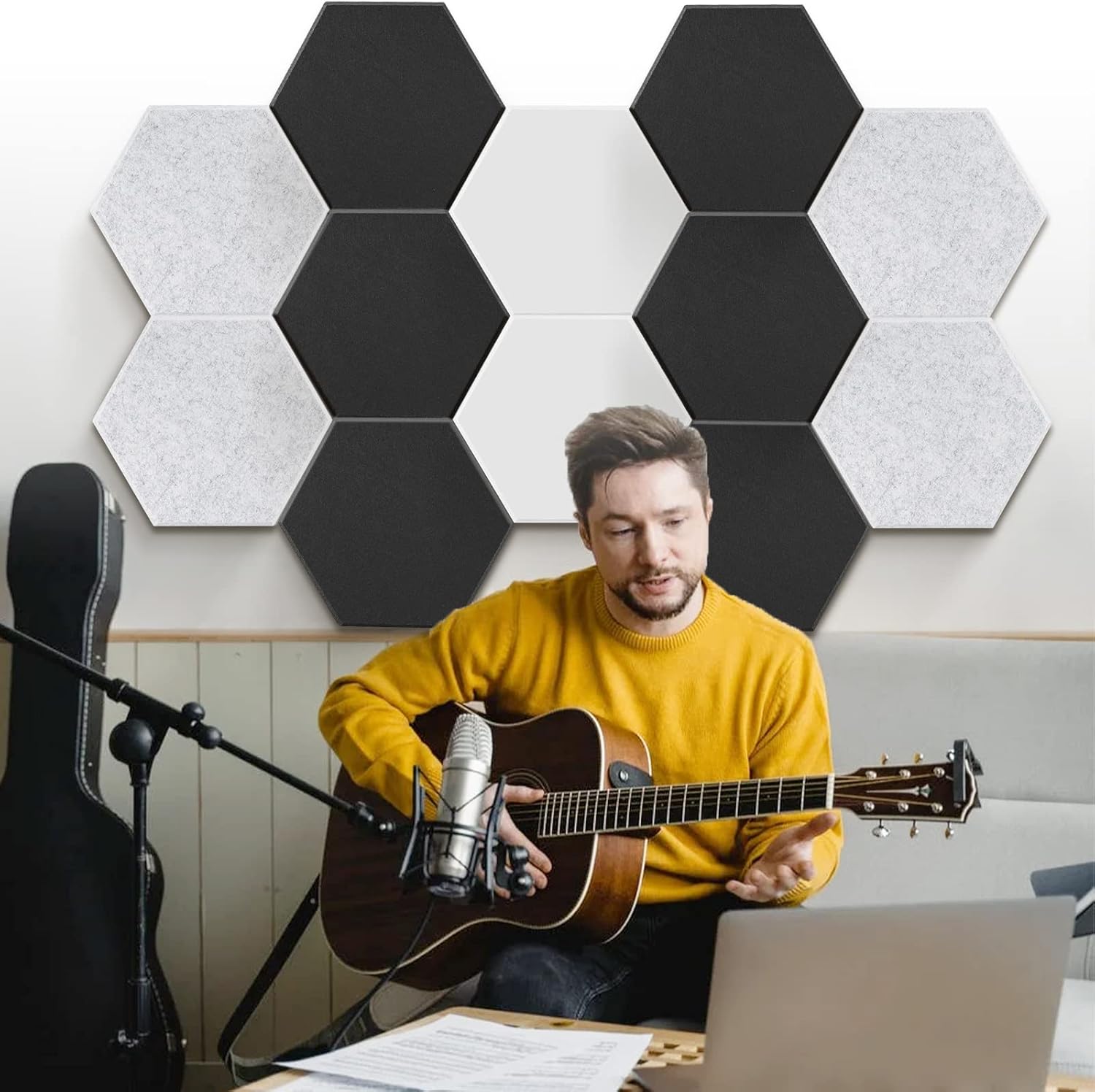 Pack of 12 Acoustic Panels, Self-Adhesive, Sound Insulation Panels, Wall for Sound Studio, Office, Studio Wall Decoration