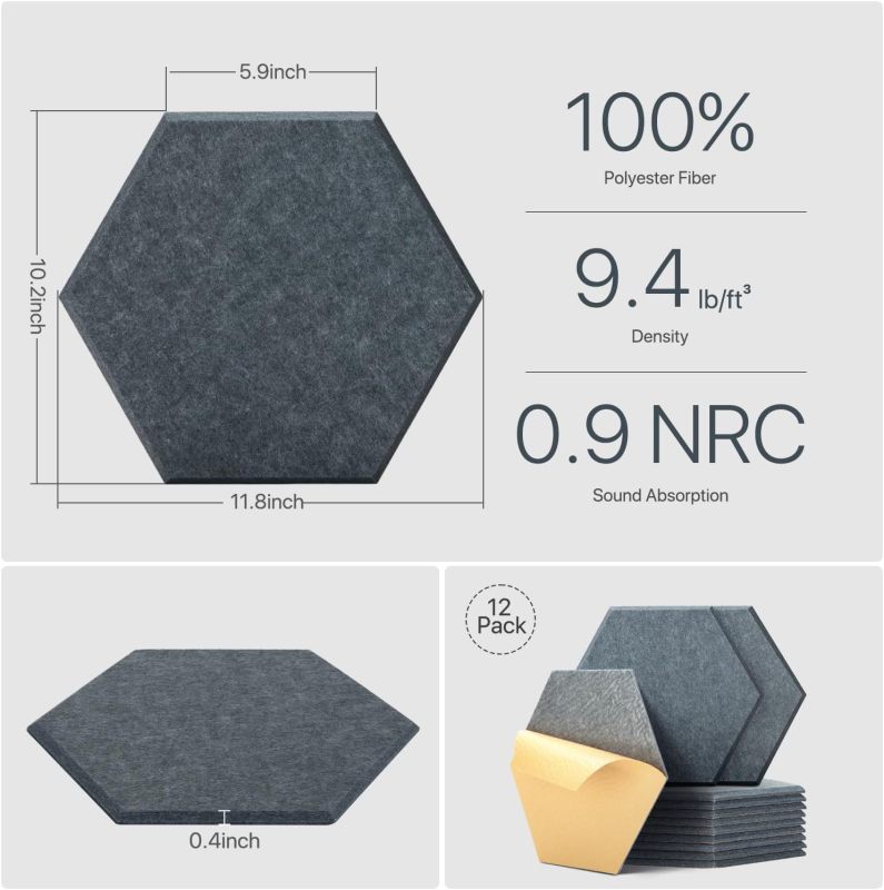 Premium Self-Adhesive Acoustic Panels - 12 Pack Sound Absorption Panels for Gaming Room