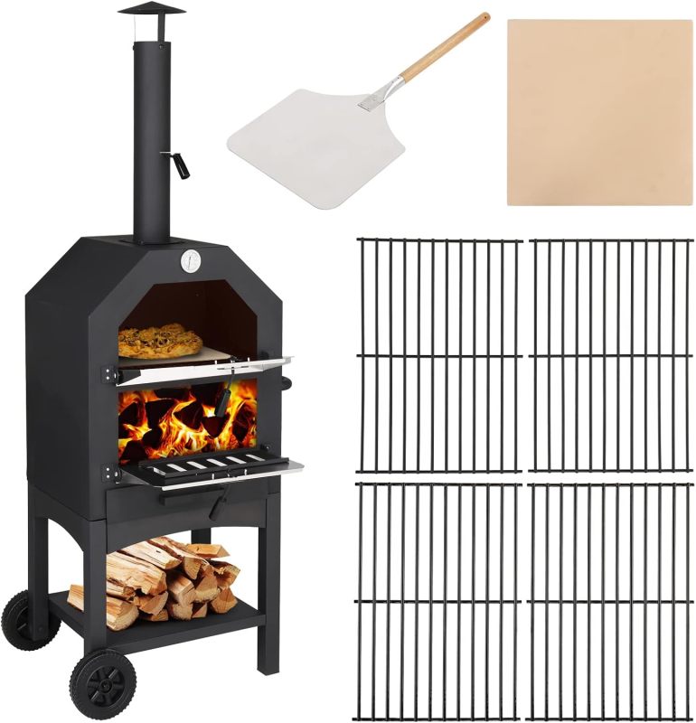 Outdoor Pizza Oven Chimney and Pizza Stone Charcoal BBQ Grill Camping Pizza Cooker for Barbecue Camping Backyard Party