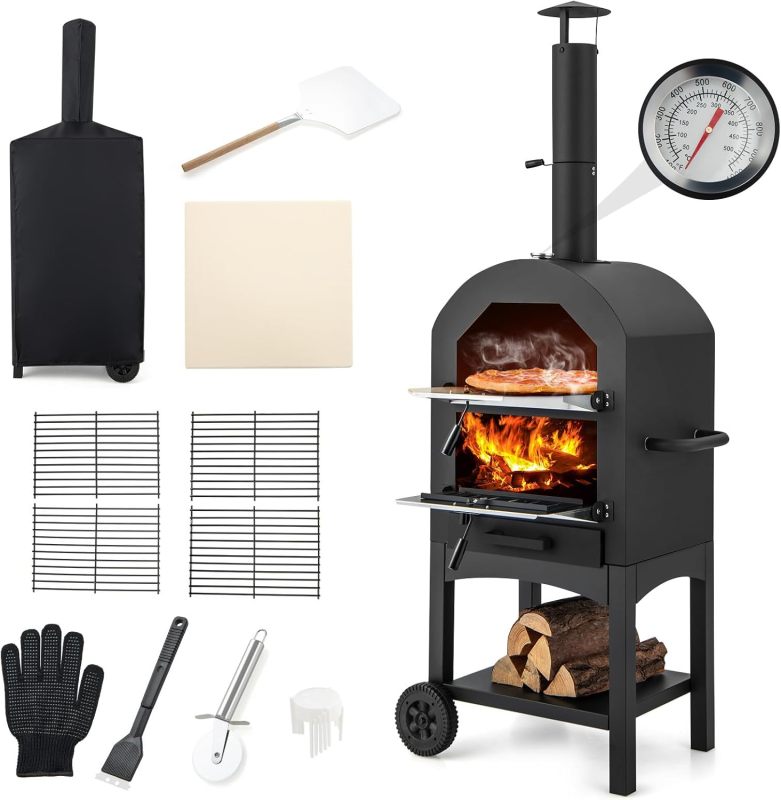 Pizza Maker Wood Fire Pizza Oven Chimney and Pizza Stone Charcoal BBQ Grill Camping Pizza Cooker for Barbecue Camping Backyard Party