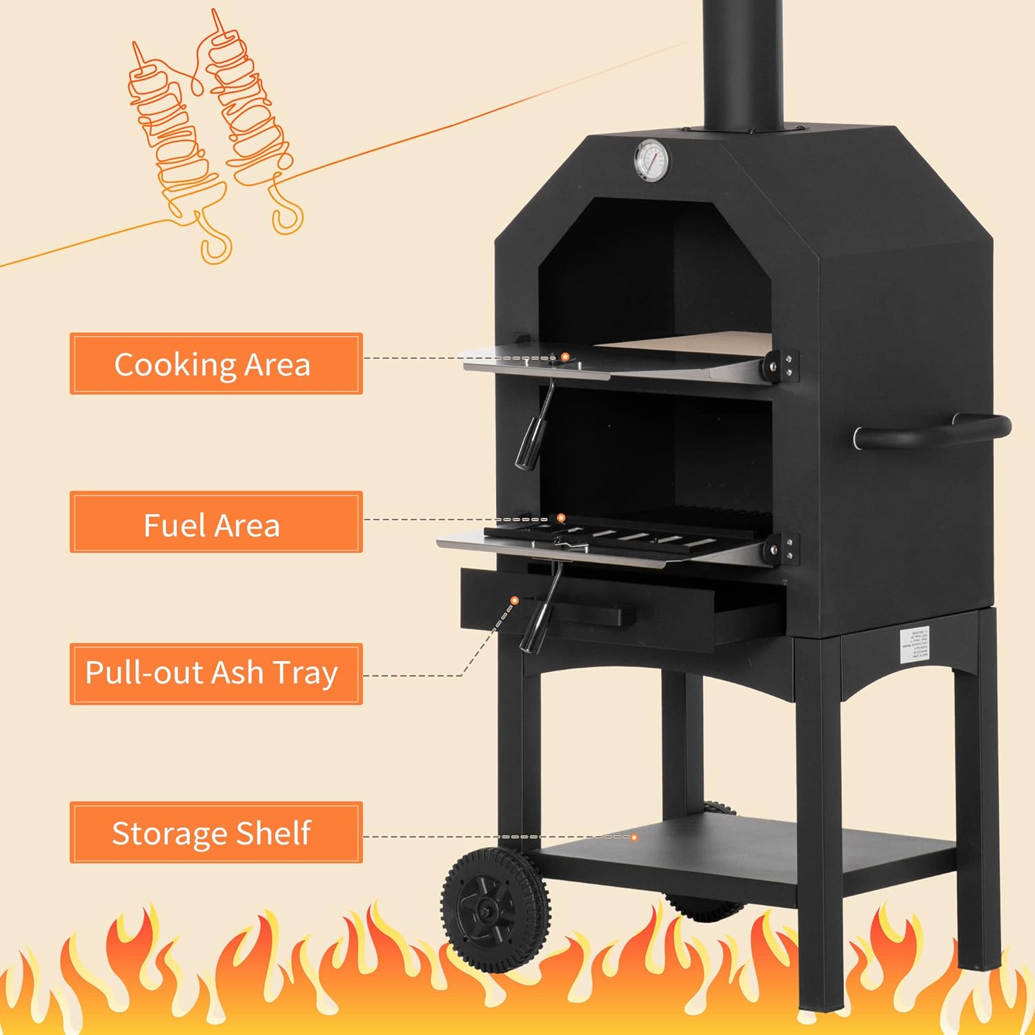 Portable Pizza Oven Wood Fire Chimney and Pizza Stone Charcoal BBQ Grill Camping Pizza Cooker for Barbecue Camping Backyard Party