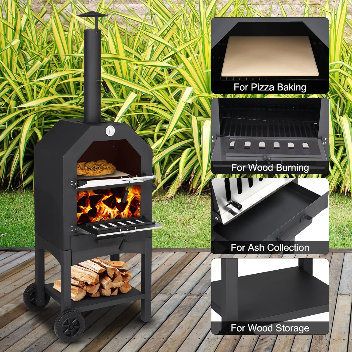 Wood Fired Pizza Oven Chimney and Pizza Stone Charcoal BBQ Grill Camping Pizza Cooker for Barbecue Camping Backyard Party