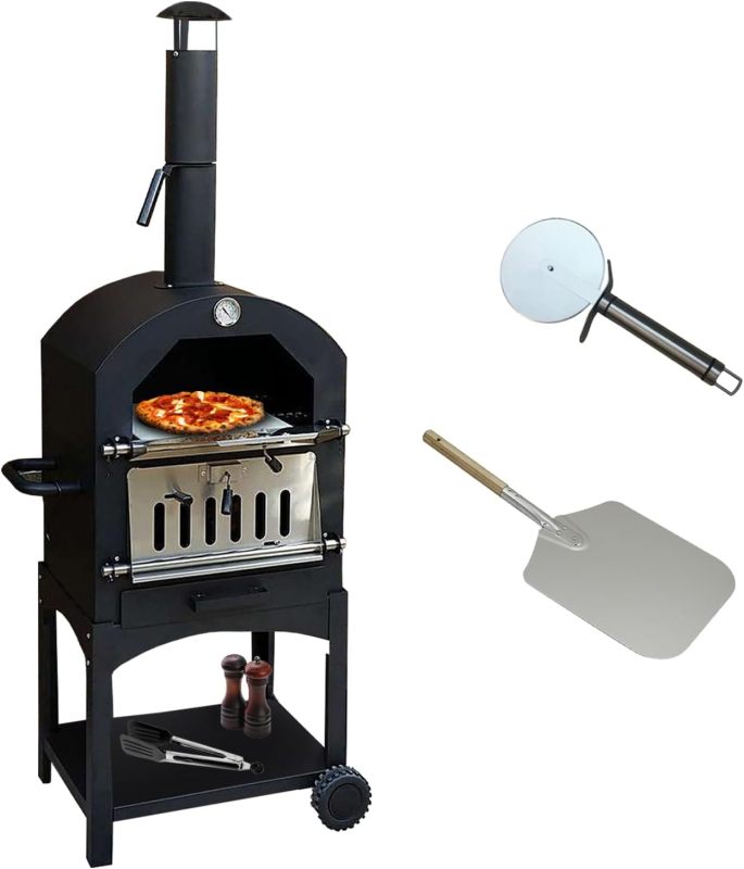 Portable Pizza Oven Wood Fire Chimney and Pizza Stone Charcoal BBQ Grill Camping Pizza Cooker for Barbecue Camping Backyard Party