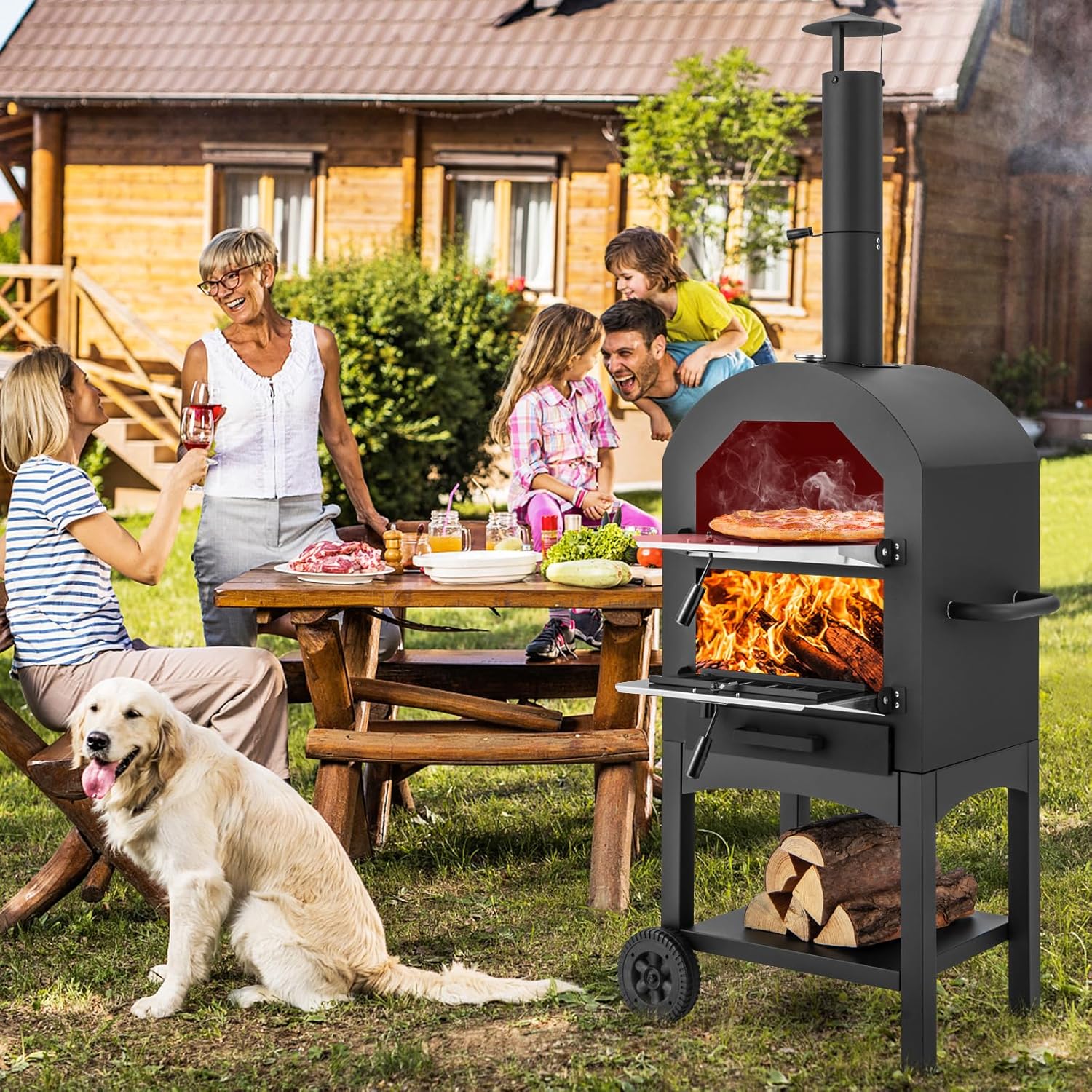 Portable Pizza Oven Wood Fire Chimney and Pizza Stone Charcoal BBQ Grill Camping Pizza Cooker for Barbecue Camping Backyard Party