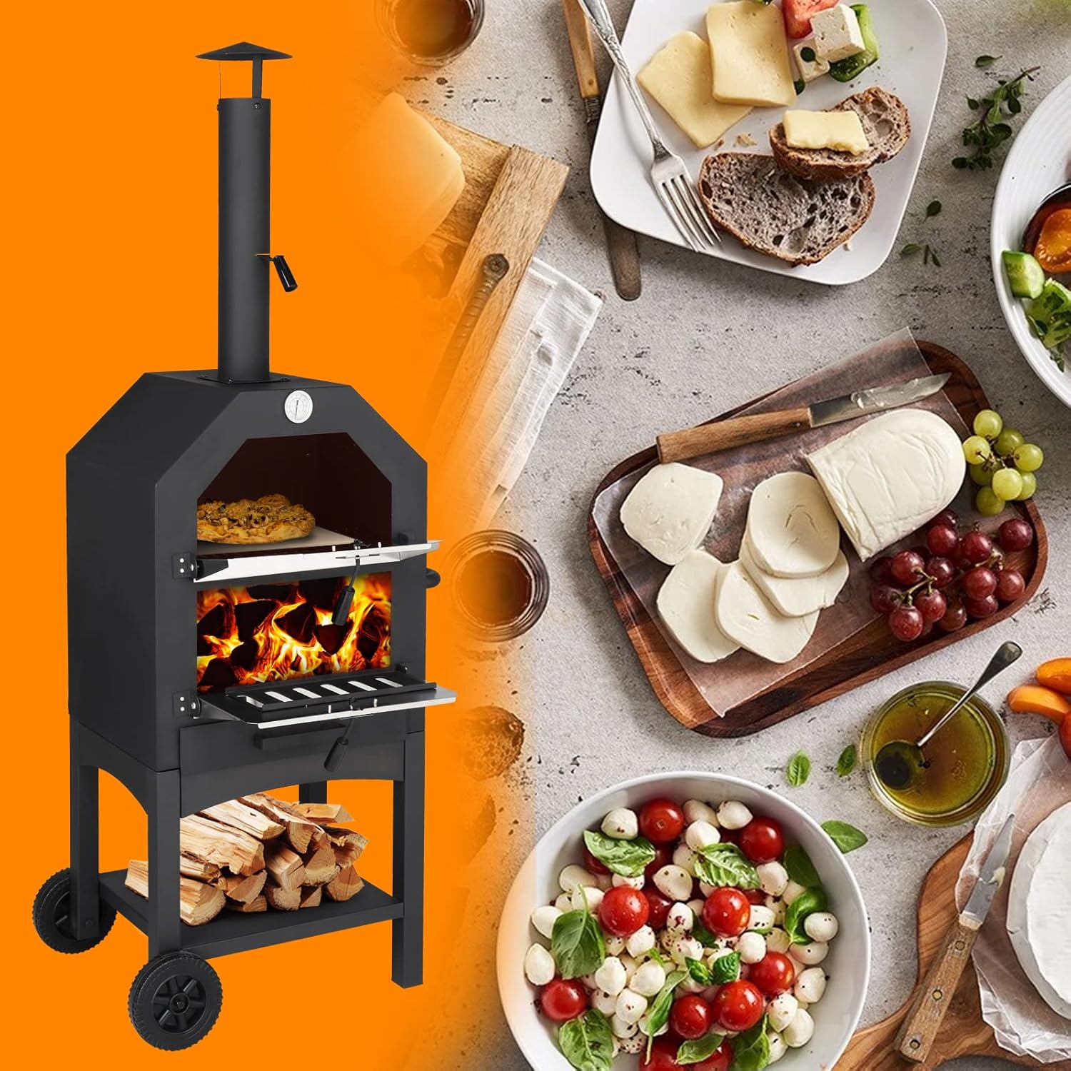 Pizza Maker Wood Fire Pizza Oven Chimney and Pizza Stone Charcoal BBQ Grill Camping Pizza Cooker for Barbecue Camping Backyard Party