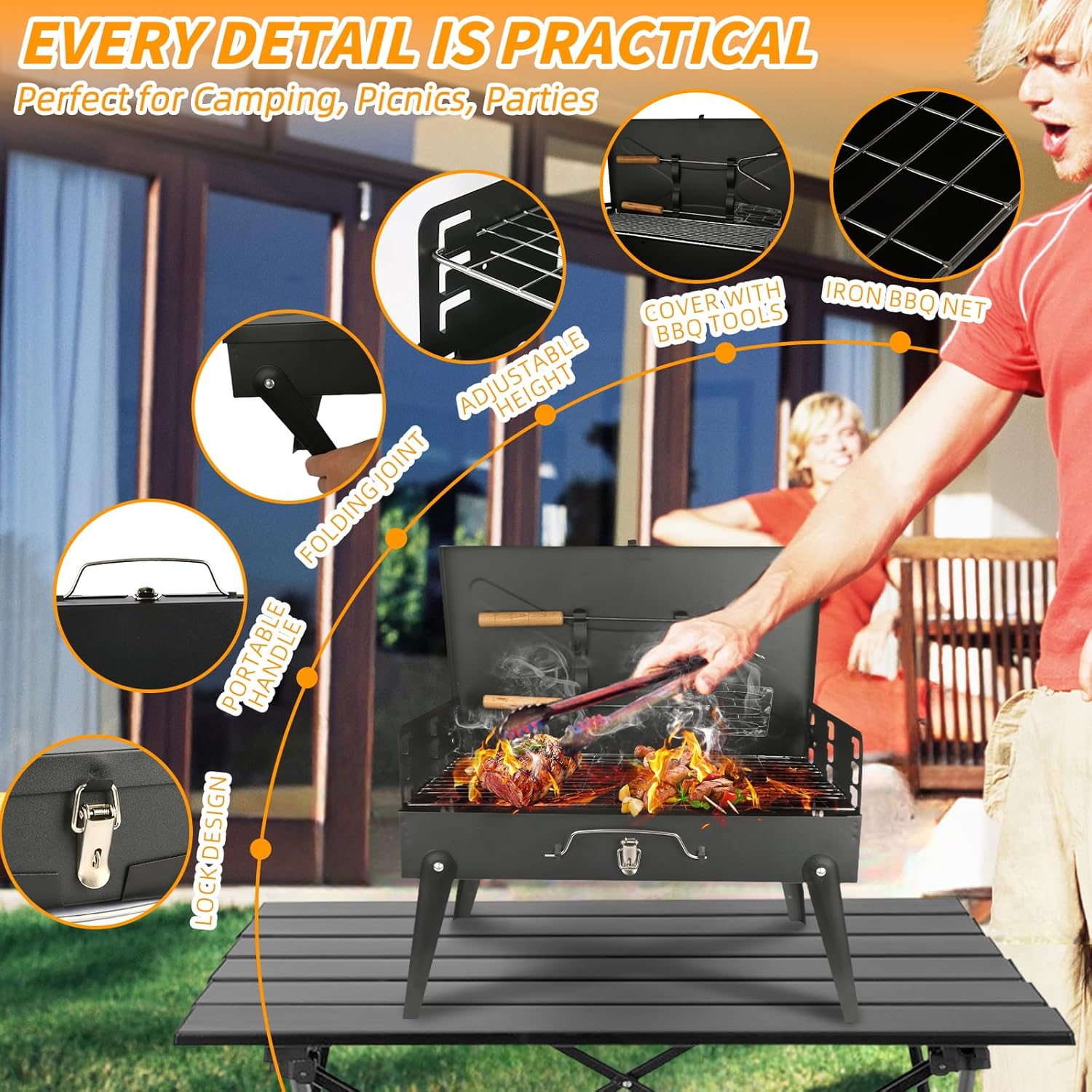 Mini Tabletop Grill Foldable Barbecue Grill Briefcase with Lid Mini Tabletop Grill for Outdoor Camping Patio and Picnic