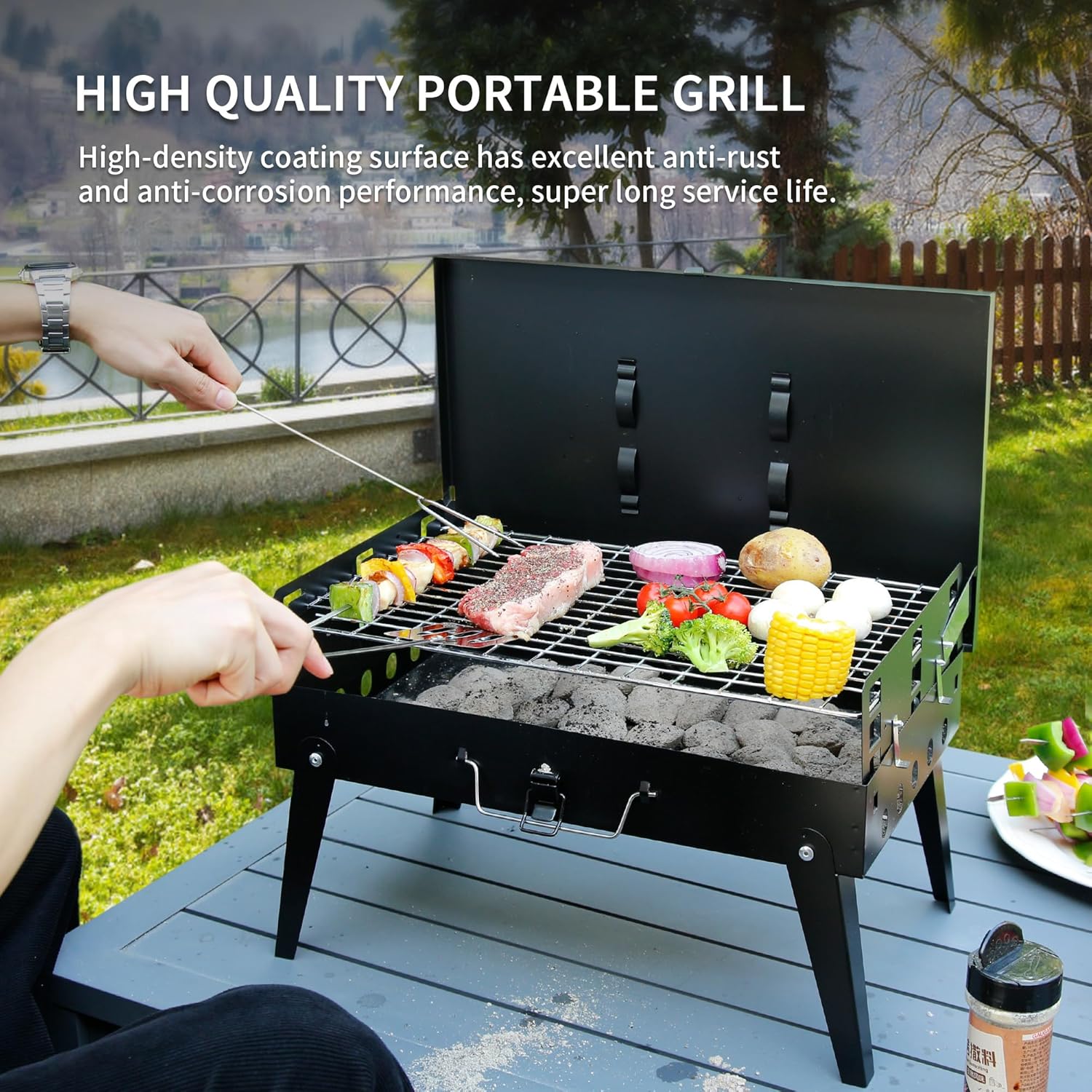 Mini Tabletop Grill Foldable Barbecue Grill Briefcase with Lid Mini Tabletop Grill for Outdoor Camping Patio and Picnic