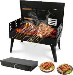 Mini Tabletop Grill Foldable Barbecue Grill Briefcase with Lid Mini Tabletop Grill for Outdoor Camping Patio and Picnic