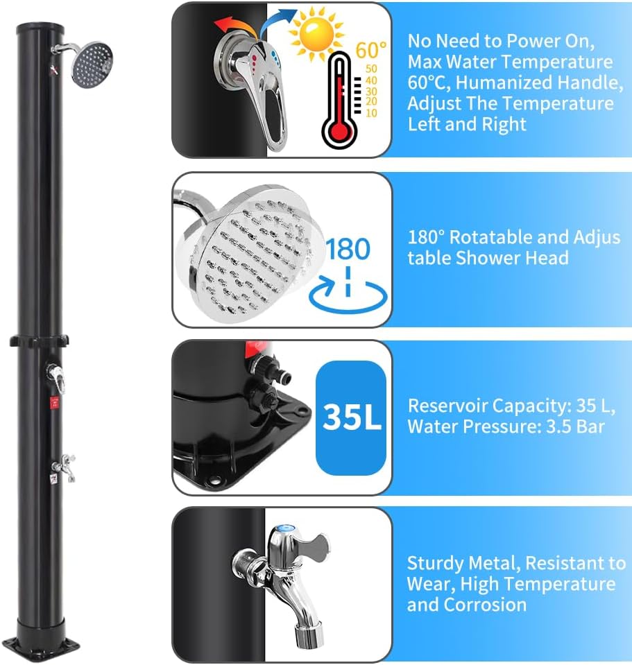 Camping Shower Solar Shower Column Foot Shower Rain Shower Head and Tap Garden Shower with Water Tank For Outdoor Use