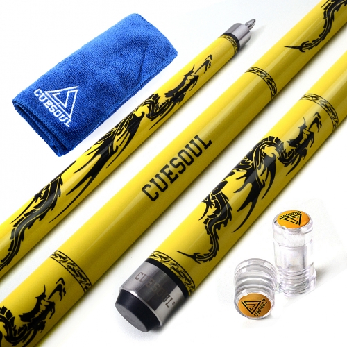 CUESOUL SOOCOO 58 "Ensemble de baguettes de billard jaune en érable, 19 oz, avec joint / protecteur d'arbre et serviette de baguette.