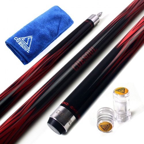 CUESOUL SOOCOO 58" 19oz Red and Black Maple Pool Cue Stick Set with Joint/Shaft Protector and Cue Towel.
