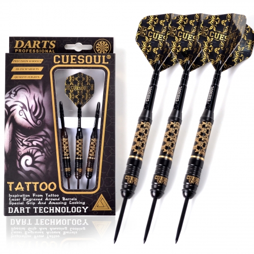 CUESOUL TATTOO 23g Black Coated Brass Steel Tip Darts,with Unique Barrel Engraved