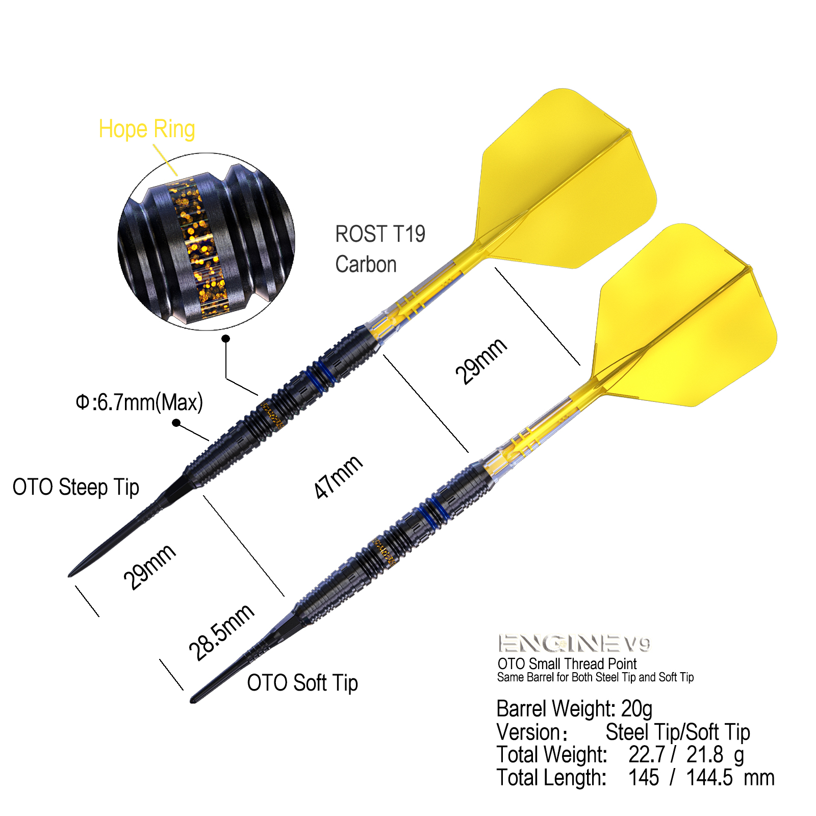 CUESOUL ENGINE V9 18/20/22g Steel Tip 90% Tungsten Dart Set with GEM STONE  Finished and Unifying ROST T19 CARBON Flight