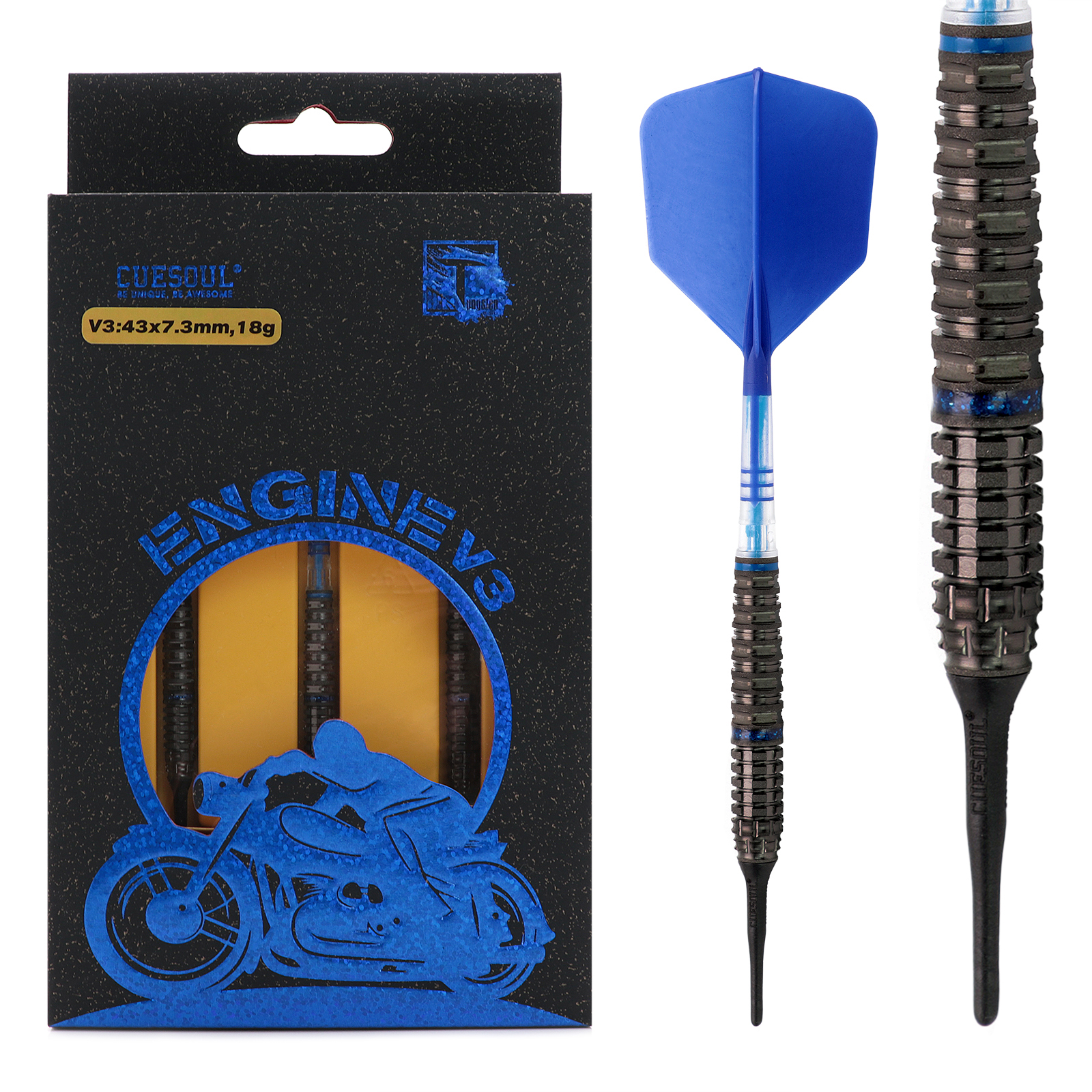 CUESOUL ENGINE V1-V6 18/19/20/21g Soft Tip 90% Tungsten Dart Set with Oil  Paint Finished and Unifying ROST T19 CARBON Flight