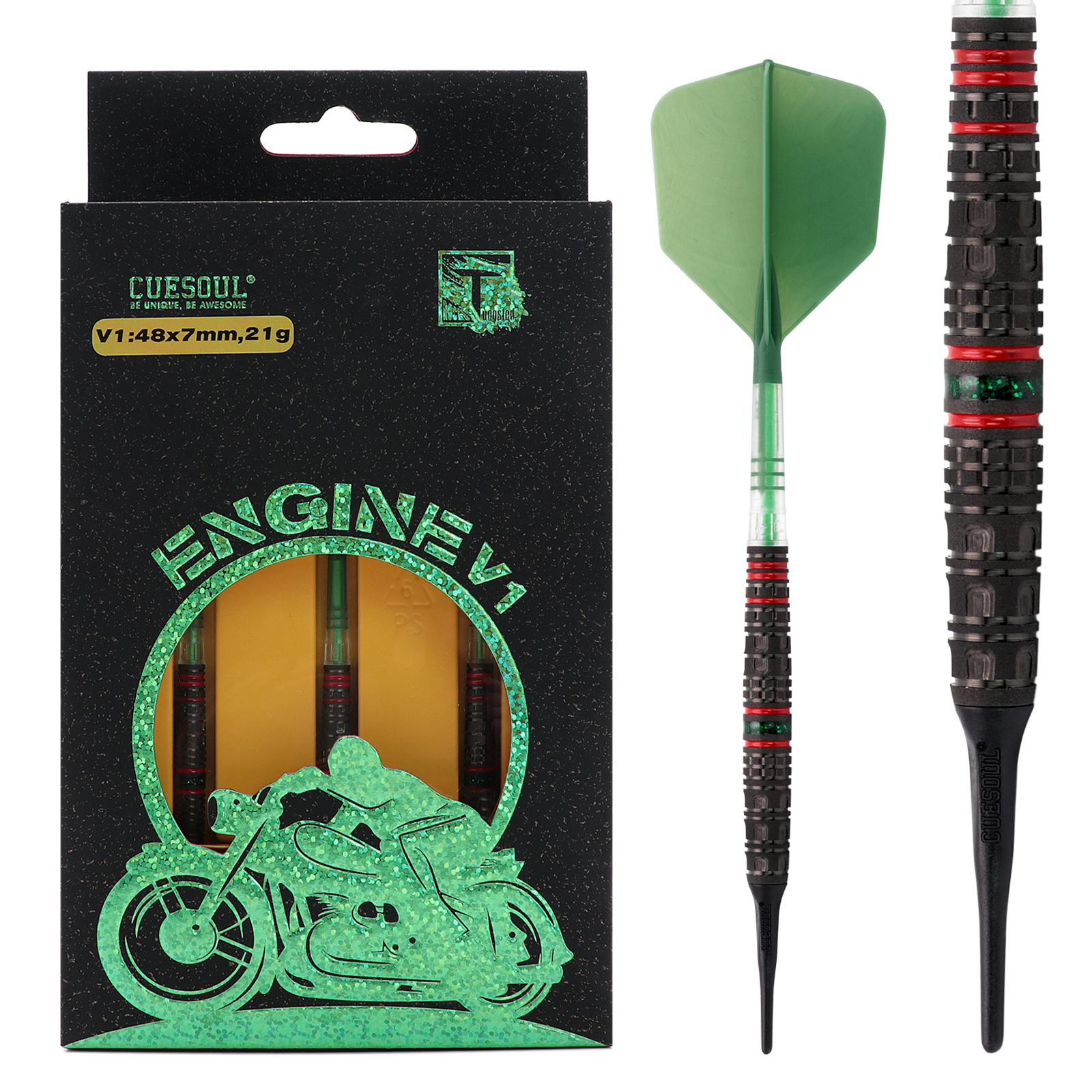 CUESOUL ENGINE V1-V6 18/19/20/21g Soft Tip 90% Tungsten Dart Set with Oil  Paint Finished and Unifying ROST T19 CARBON Flight