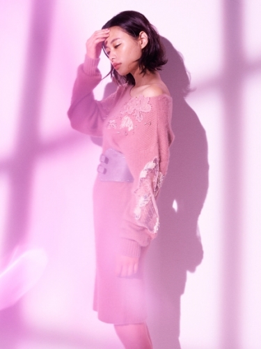 フラワーレースビジューニットワンピース・刺繍 花 ワンピ,レディース