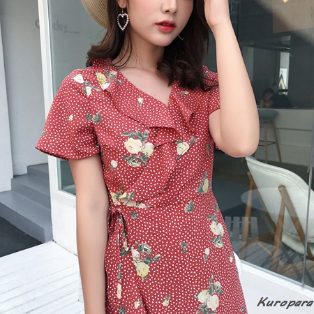 【4色】フリル☆ワンピース フラワー カシュクール ミディ カシュクールフリルミドルワンピース レディース ワンピース