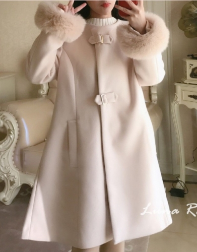 ダブルバックルAラインコート/ウールコート・リアルフォックスファー