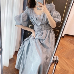 ポケットいっぱい 最終 Airy Volume Sleeve Dress sepia blue | irai.co.id