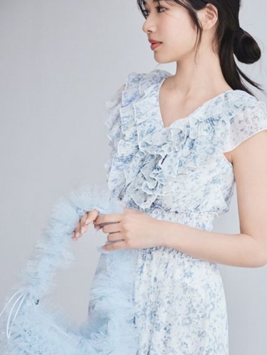 【SNIDEL】 Sustainable フリルプリーツワンピース Blue 00サイズあり】Sustainableフリルワンピース(マキシ・ロングワンピース