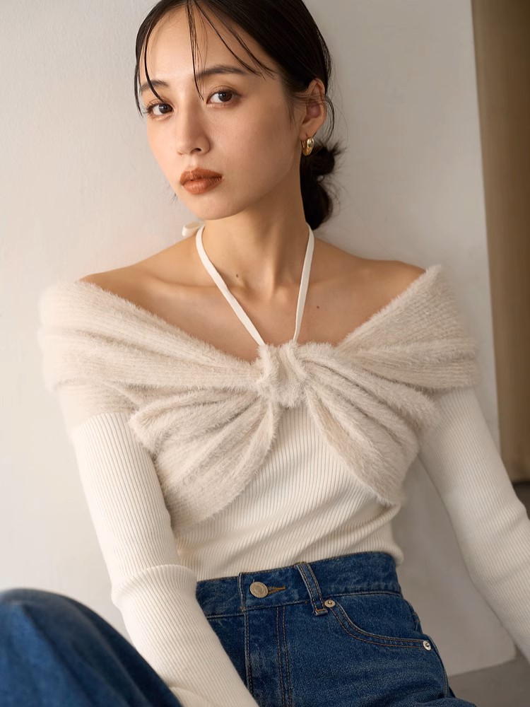 11月下旬入荷予定 SNIDEL同型 オフショルダーリボンニット