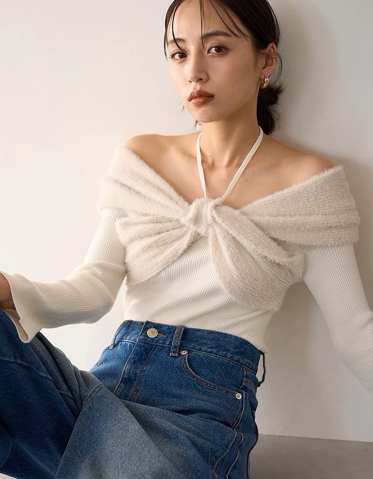 snidel オフショルダーリボンオフショルニットプルオーバー 11月下旬