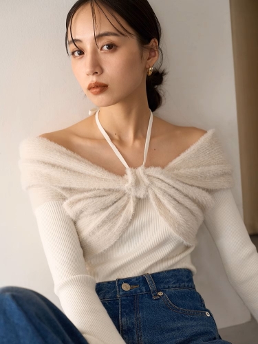 11月下旬入荷予定 SNIDEL同型 オフショルダーリボンニット