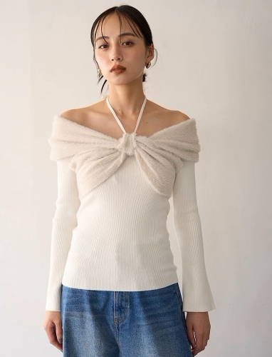 11月下旬入荷予定 SNIDEL同型 オフショルダーリボンニット