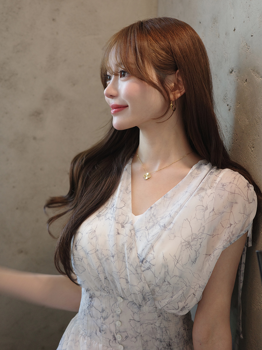 ラインフラワープリントカシュワンピース