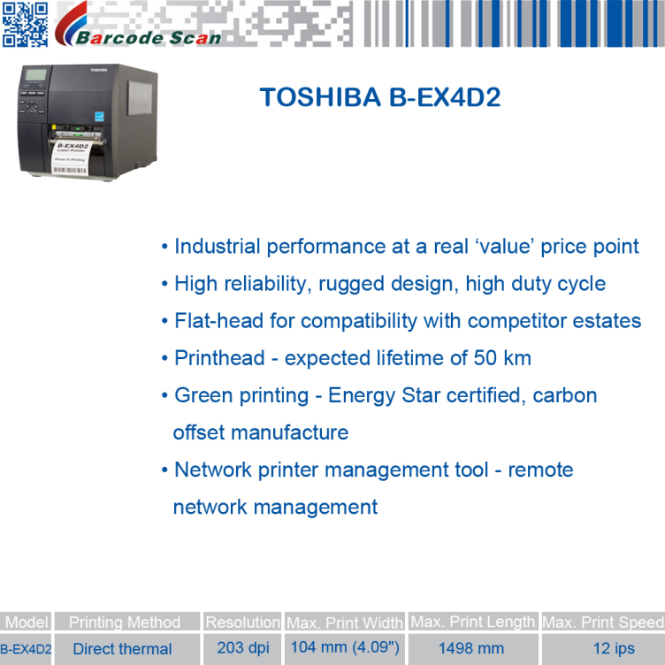 TOSHI BA TEC B-EX4D2 B-EX4T2 industrial barcode label printer