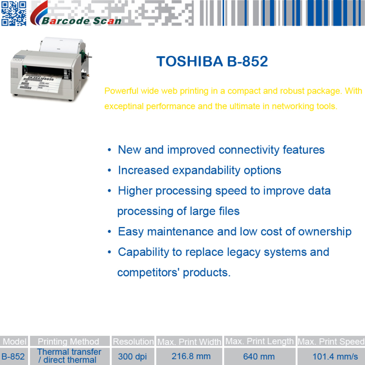 TEC B-852 wide web printing thermal transfer direct thermal barcode label printer