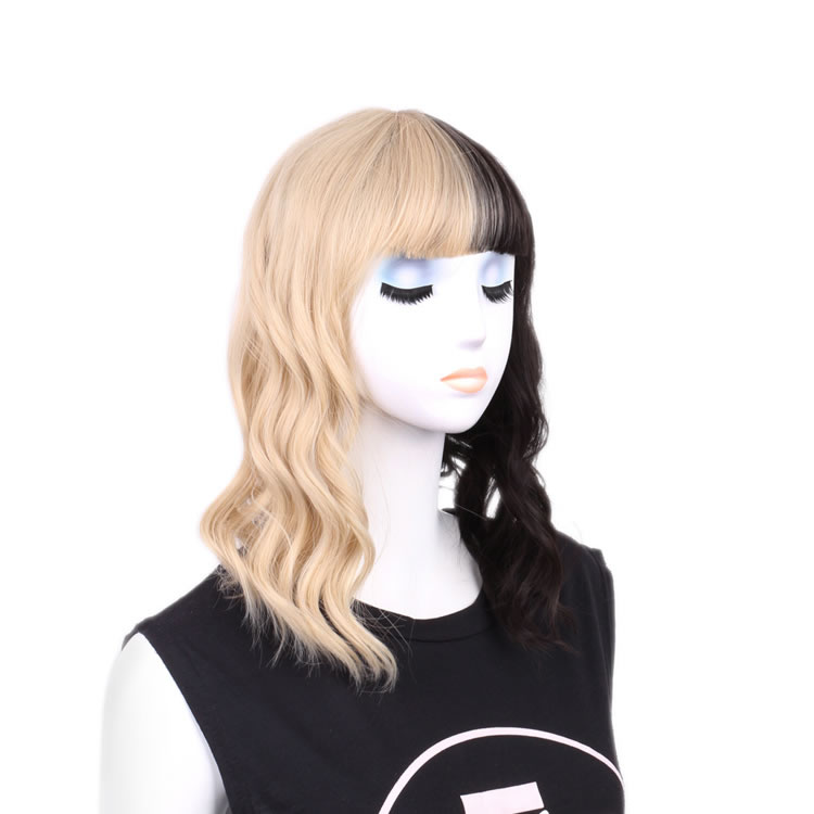 Half Blonde And Half Black Medium Short Wig For Cosplay Synthetic Wig Melanie Martinez Hair Style